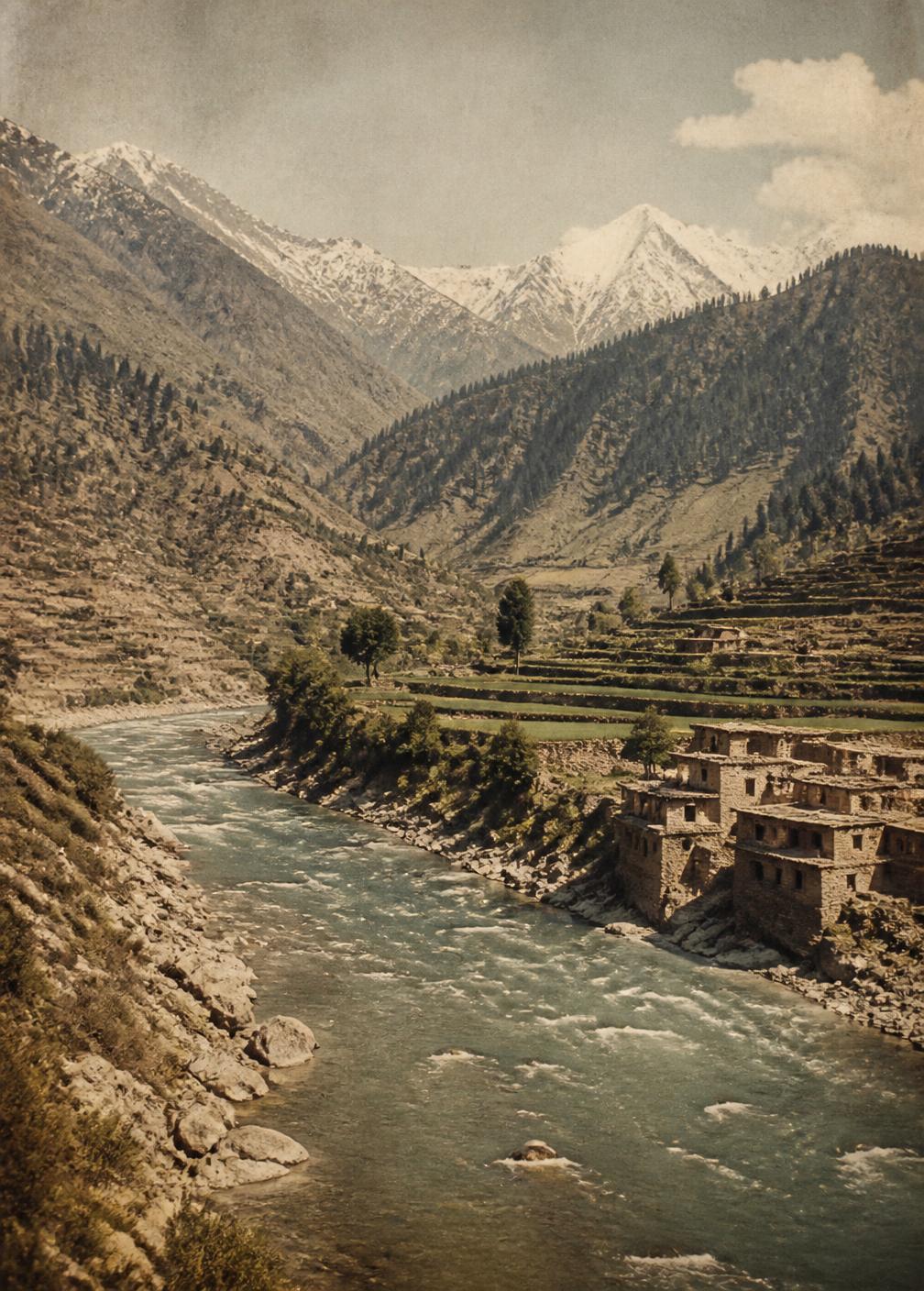 Archival-toned photograph of a river running through a Swat valley past terraced fields and stone houses