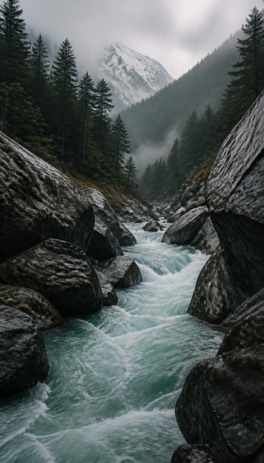 Glacier-fed river running between granite boulders below misty Himalayan ridges in northern Pakistan
