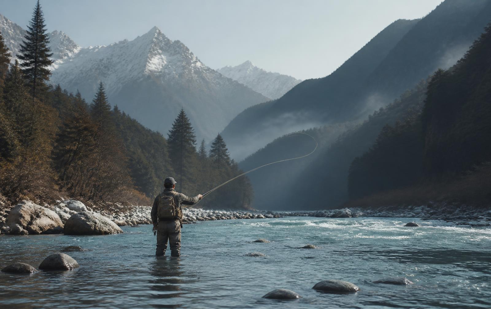 Angler casting a fly line while standing knee-deep in a clear Himalayan river
